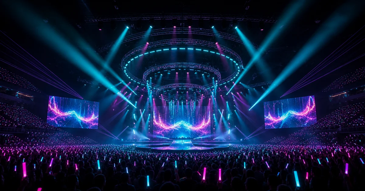 Prismatic Arena virtual concert stage with cyan and magenta beams